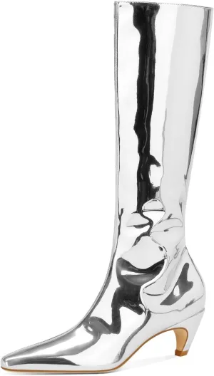 Women's Metallic Knee High Boots Pointed Toe Kitten Heel Booties Low Heel Go-go Party Dress Club Booties