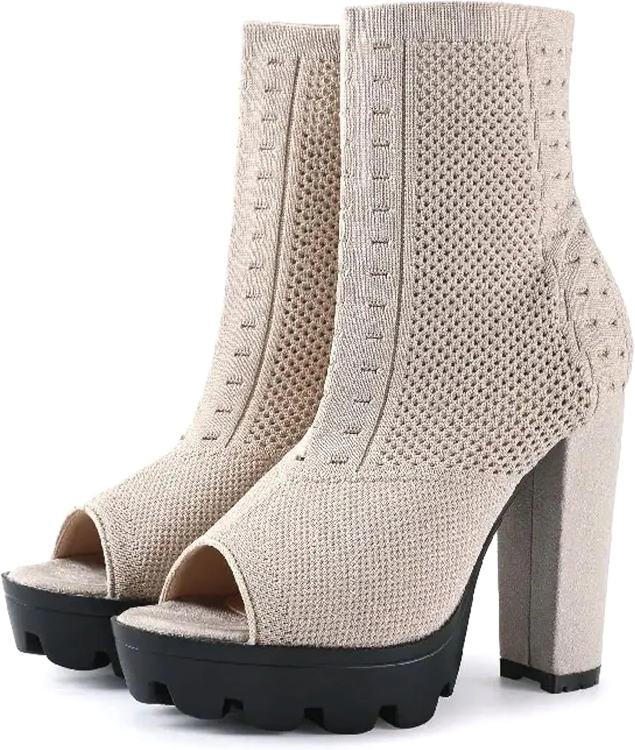 Women's Open Toe Ankle Boots, Chunky Block Heel, Nylon Mesh Upper, Slip-On Sock Booties