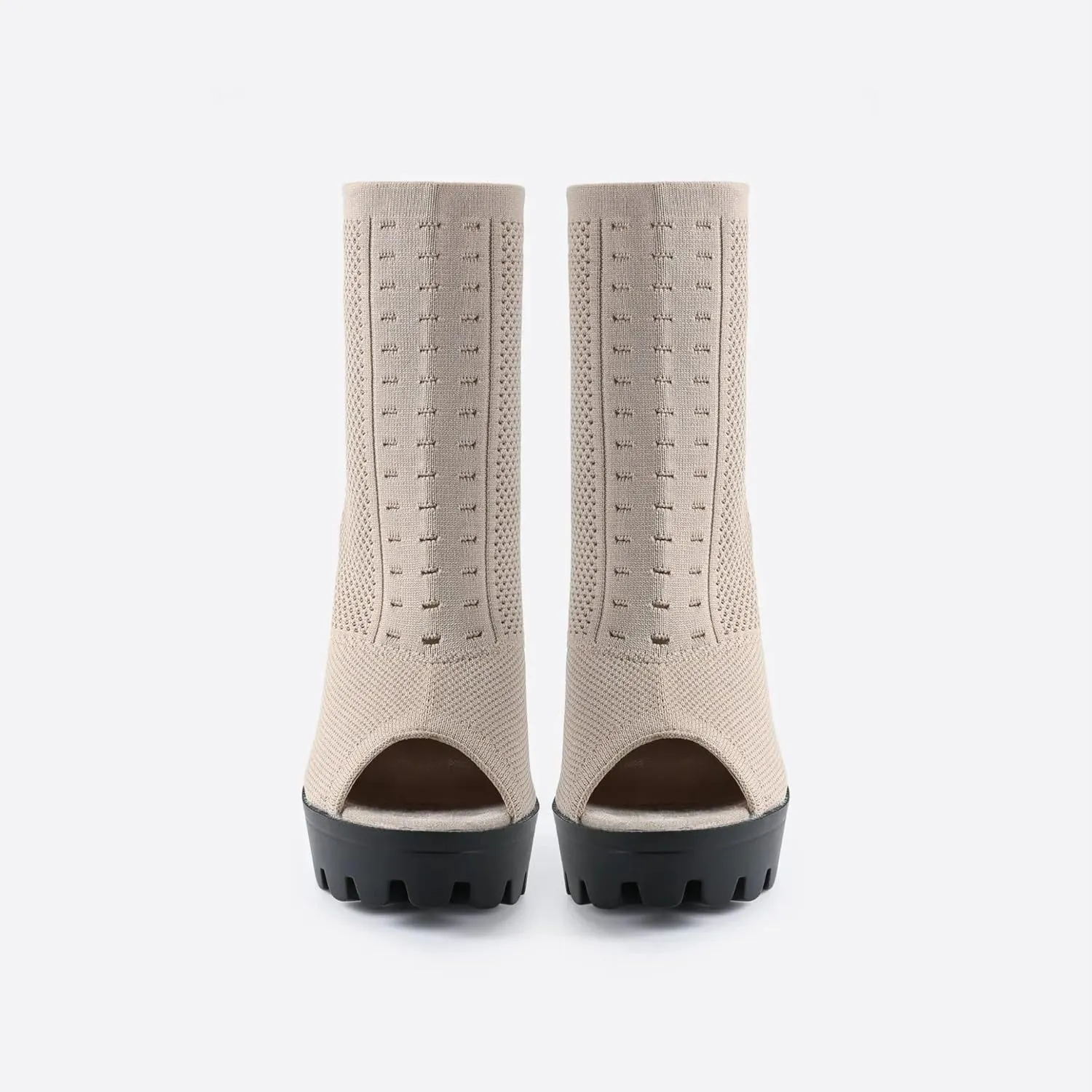 Women's Open Toe Ankle Boots, Chunky Block Heel, Nylon Mesh Upper, Slip-On Sock Booties