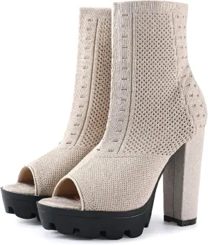 Women's Open Toe Ankle Boots, Chunky Block Heel, Nylon Mesh Upper, Slip-On Sock Booties