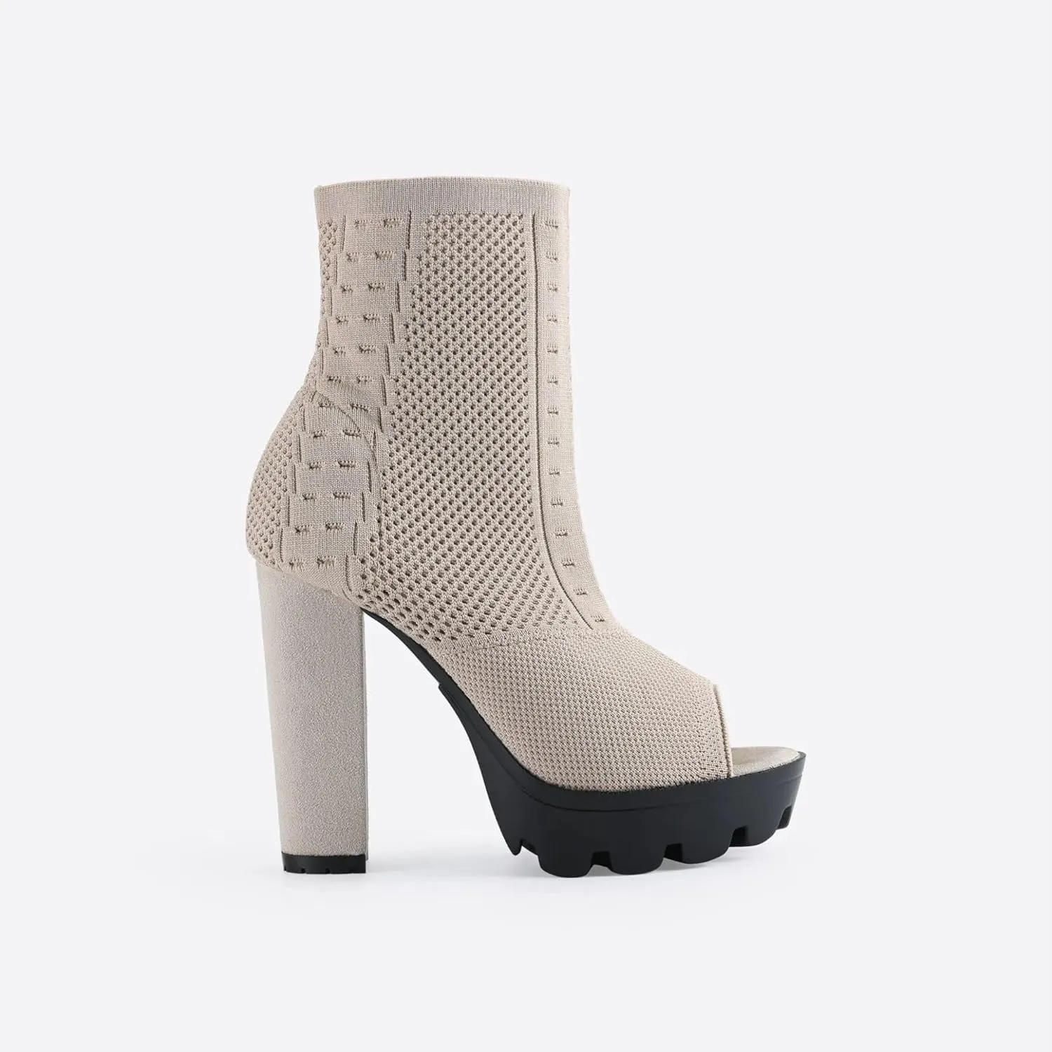 Women's Open Toe Ankle Boots, Chunky Block Heel, Nylon Mesh Upper, Slip-On Sock Booties