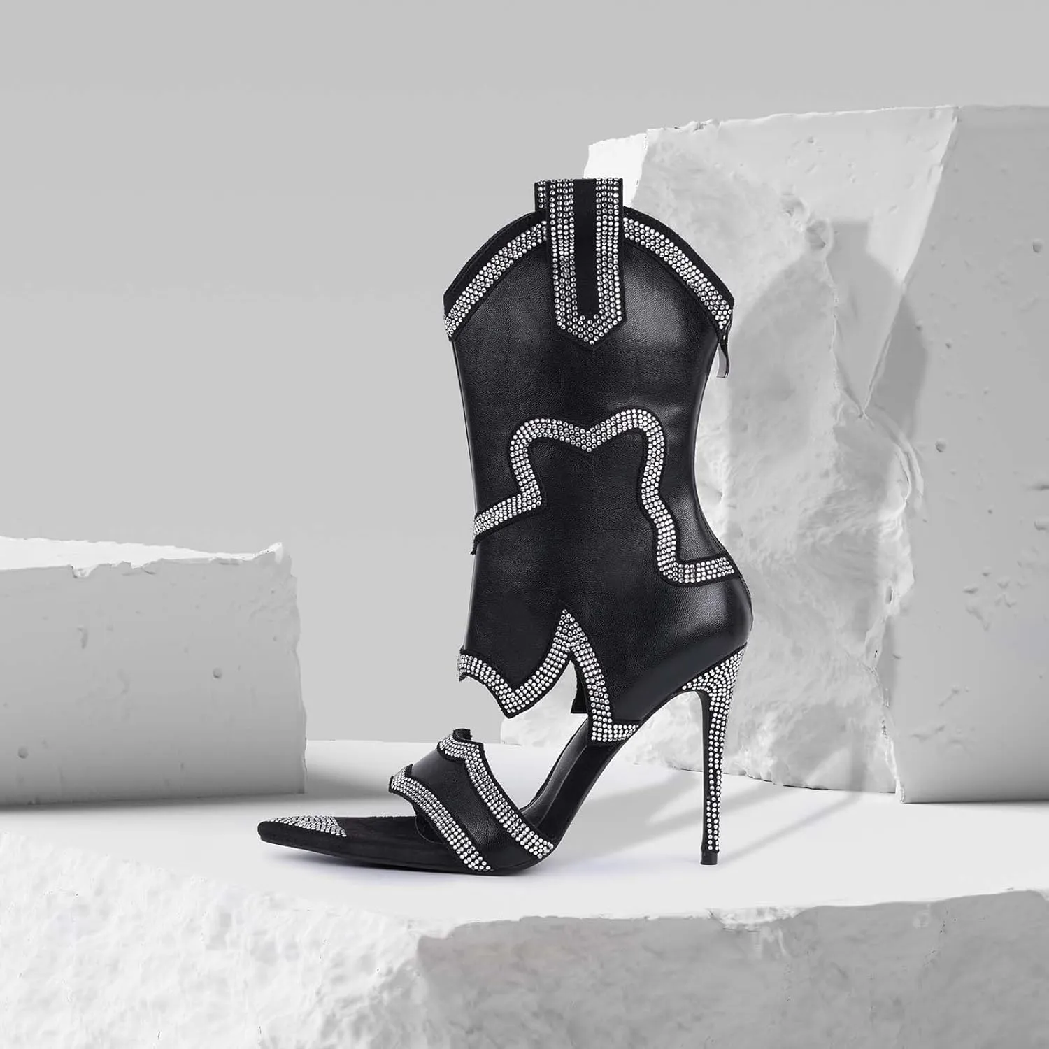 Women's Open Toe Booties Stiletto Fashion Rhinestone Short Boots Sexy Western Boots for Women Mid-calf Boots with Sparkly Crystal High Heel Elegance Peep Toe Boots