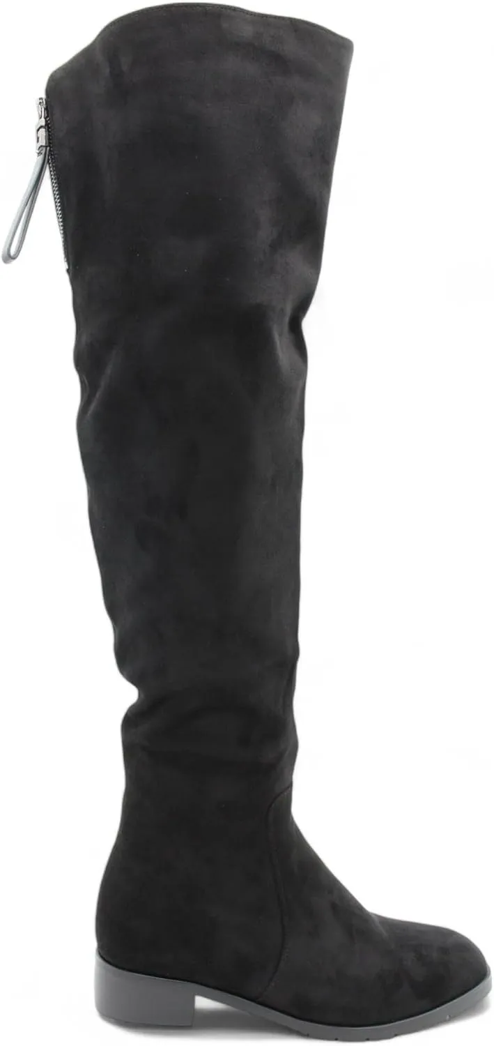 Womens Over the Knee Black Flat Heel Boots Round Toe Side-Zip with Back Pull Loop, Comfortable Winter Boots, Over the Knee Boots for Women, Snow Boots for Women