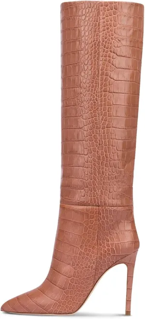 Women's Pointed Toe High Stiletto Heel Knee High Boots 3.94Inch/10cm Fashion Crocodile Calf Width Pull On High Heel Tall Boots Fall Winter Dressy Long Boots for Women