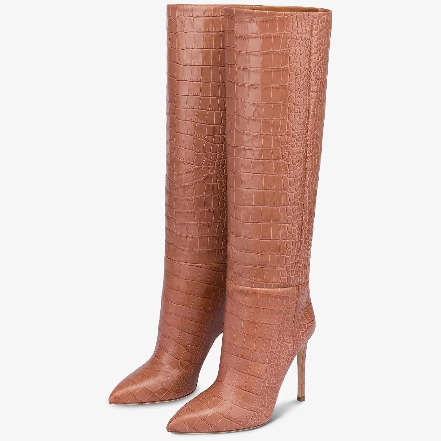 Women's Pointed Toe High Stiletto Heel Knee High Boots 3.94Inch/10cm Fashion Crocodile Calf Width Pull On High Heel Tall Boots Fall Winter Dressy Long Boots for Women
