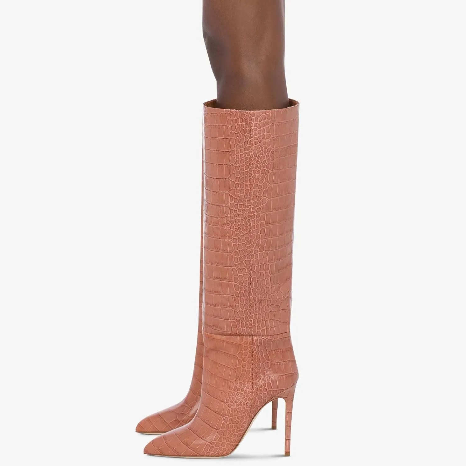 Women's Pointed Toe High Stiletto Heel Knee High Boots 3.94Inch/10cm Fashion Crocodile Calf Width Pull On High Heel Tall Boots Fall Winter Dressy Long Boots for Women