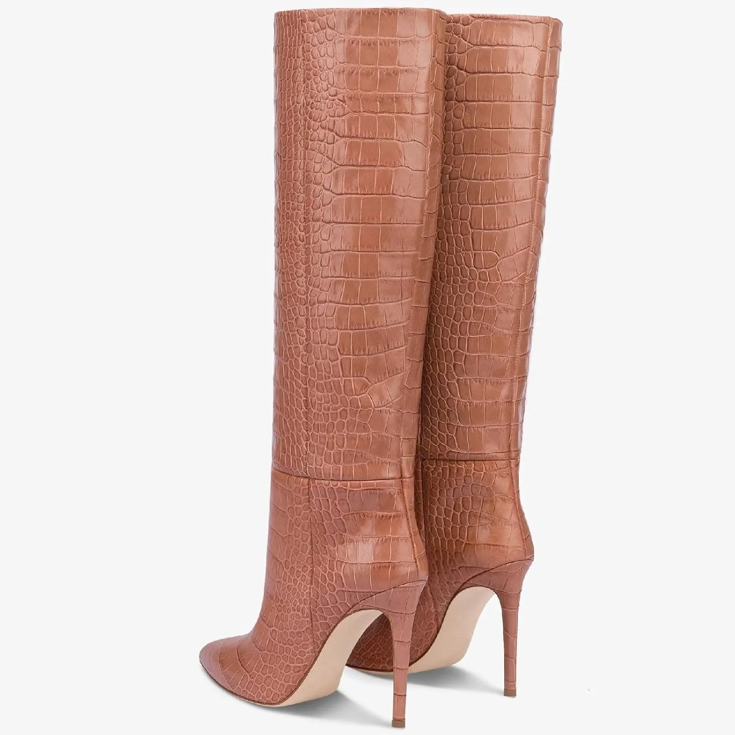 Women's Pointed Toe High Stiletto Heel Knee High Boots 3.94Inch/10cm Fashion Crocodile Calf Width Pull On High Heel Tall Boots Fall Winter Dressy Long Boots for Women