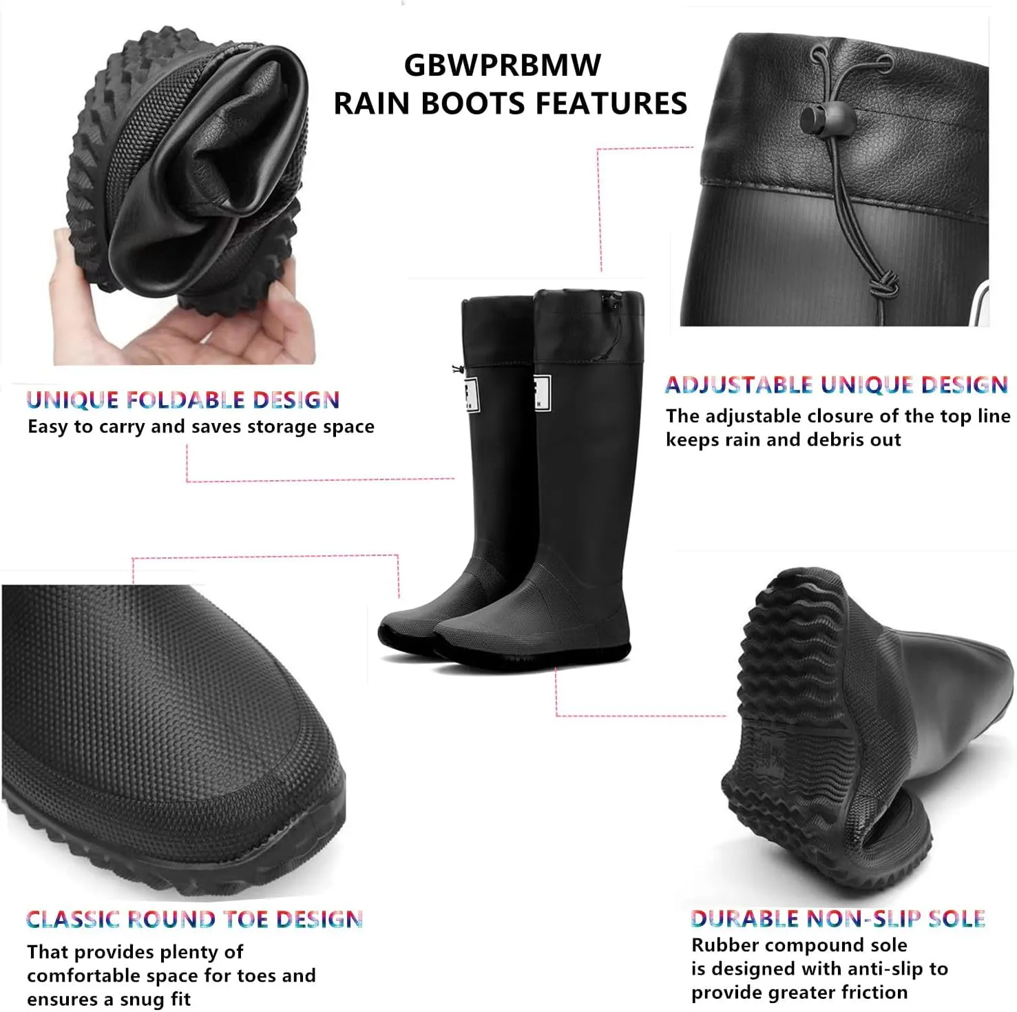 Womens Rain Boots Waterproof Packable Tall Water Boots with Adjustable Buckle Lightweight Shoes Mud for Garden Outdoor Work Fishing