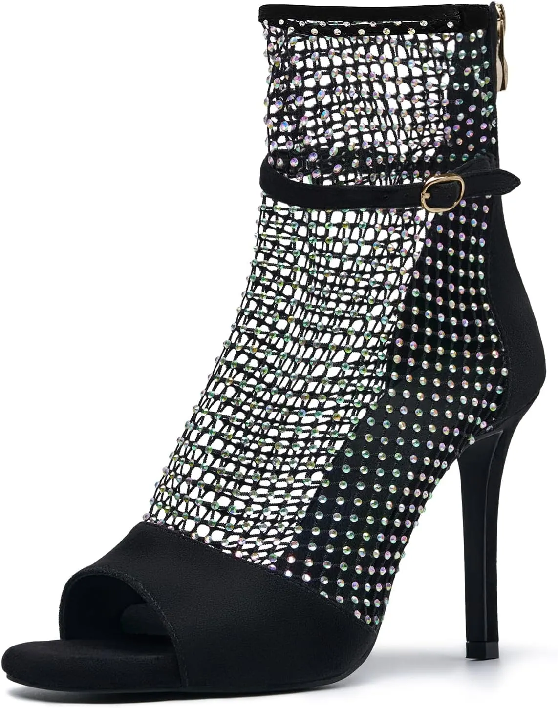 Women's Rhinestone mesh heels net Stiletto High Heels Open toe Crystal Ankle Strap Zip Summer Boots