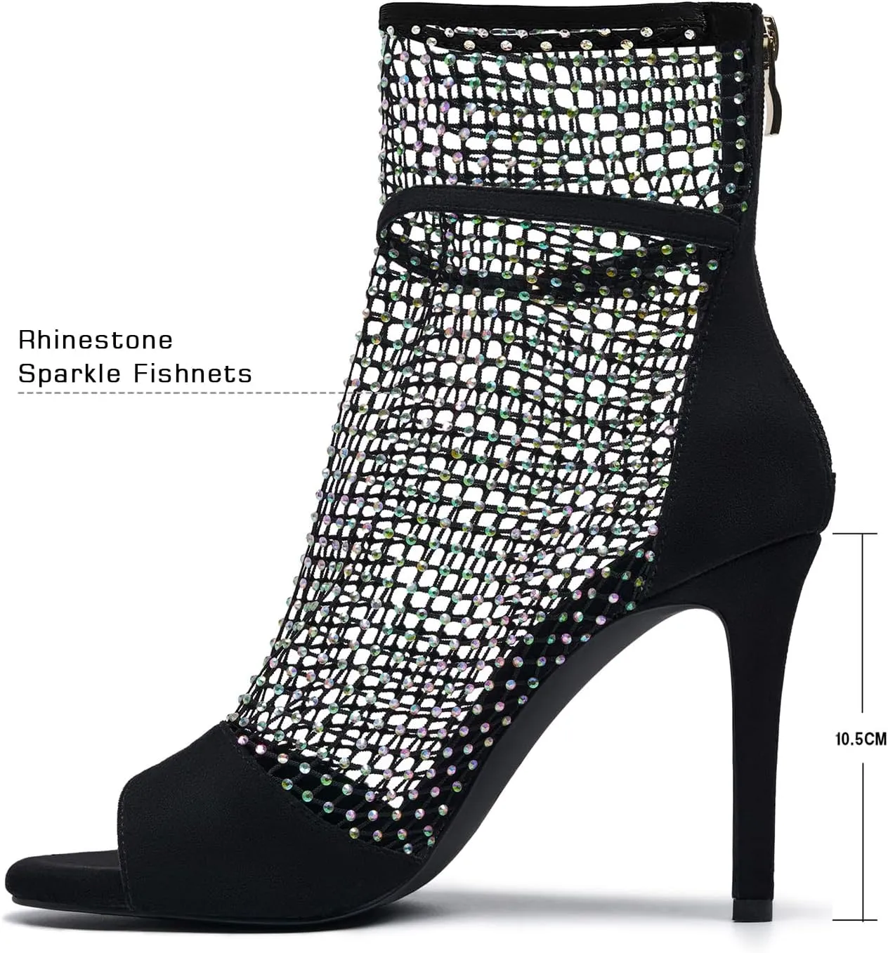 Women's Rhinestone mesh heels net Stiletto High Heels Open toe Crystal Ankle Strap Zip Summer Boots