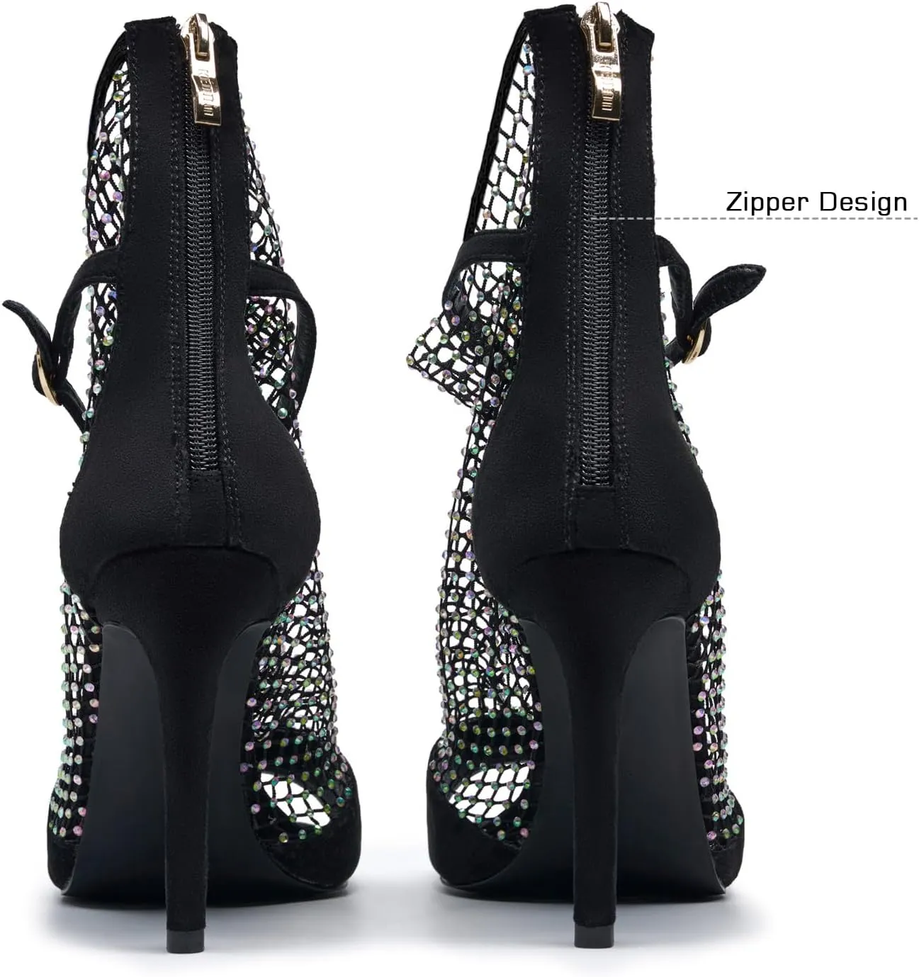 Women's Rhinestone mesh heels net Stiletto High Heels Open toe Crystal Ankle Strap Zip Summer Boots