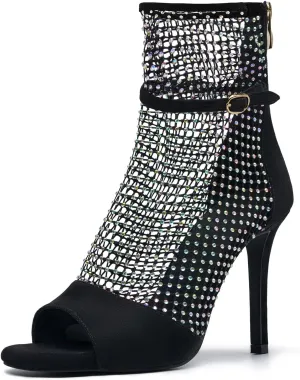 Women's Rhinestone mesh heels net Stiletto High Heels Open toe Crystal Ankle Strap Zip Summer Boots