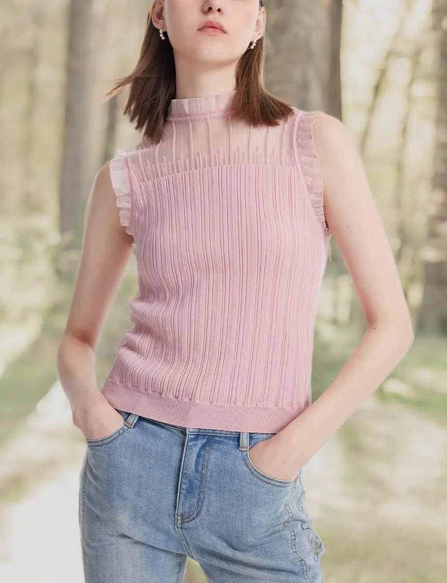 Womens Sleeveless Tank Tops Lace Top with Ruffle