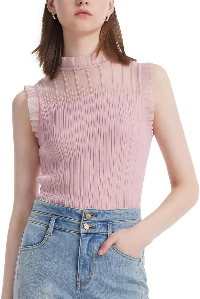 Womens Sleeveless Tank Tops Lace Top with Ruffle