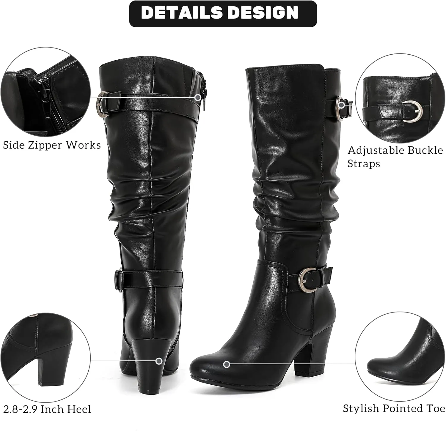 Women's Slouchy Knee High Boots with Chunky Heel, Pointed Toe, Comfortable and Fashionable for Fall and Winter Wear for Women.