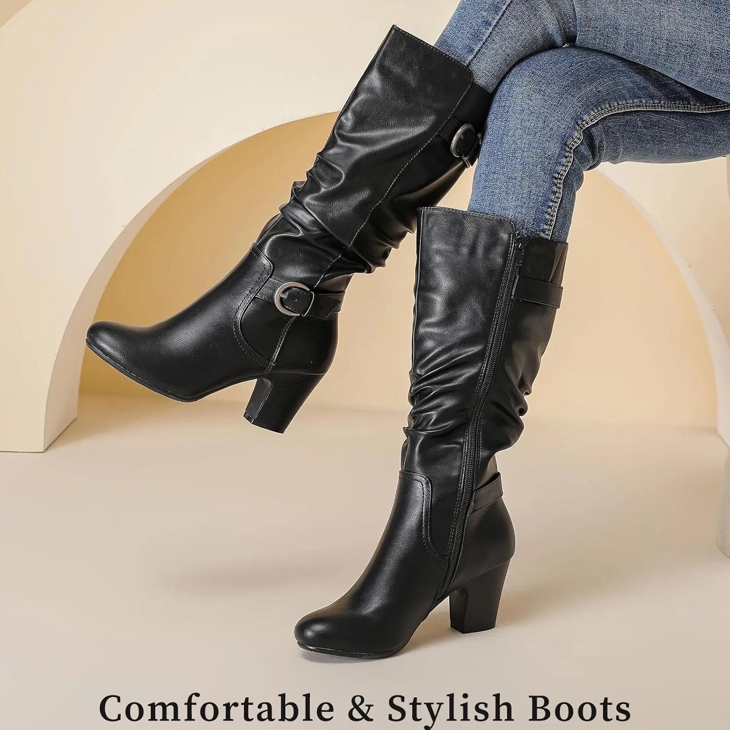 Women's Slouchy Knee High Boots with Chunky Heel, Pointed Toe, Comfortable and Fashionable for Fall and Winter Wear for Women.
