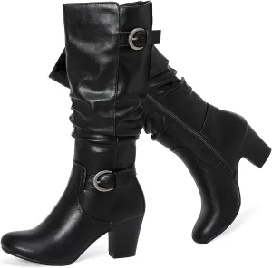 Women's Slouchy Knee High Boots with Chunky Heel, Pointed Toe, Comfortable and Fashionable for Fall and Winter Wear for Women.