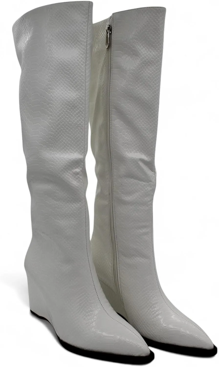 Womens Snakeskin Knee High Wedge Boots with Pointed Toe and Side Zipper, Faux Leather Glossy Finish, Winter Boots for Women, Knee High Boots for Women, Snakeskin Boots for Women