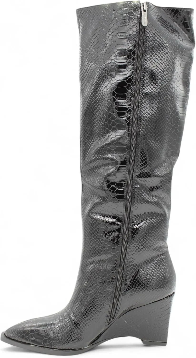 Womens Snakeskin Knee High Wedge Boots with Pointed Toe and Side Zipper, Faux Leather Glossy Finish, Winter Boots for Women, Knee High Boots for Women, Snakeskin Boots for Women