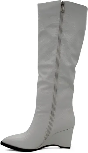 Womens Snakeskin Knee High Wedge Boots with Pointed Toe and Side Zipper, Faux Leather Glossy Finish, Winter Boots for Women, Knee High Boots for Women, Snakeskin Boots for Women