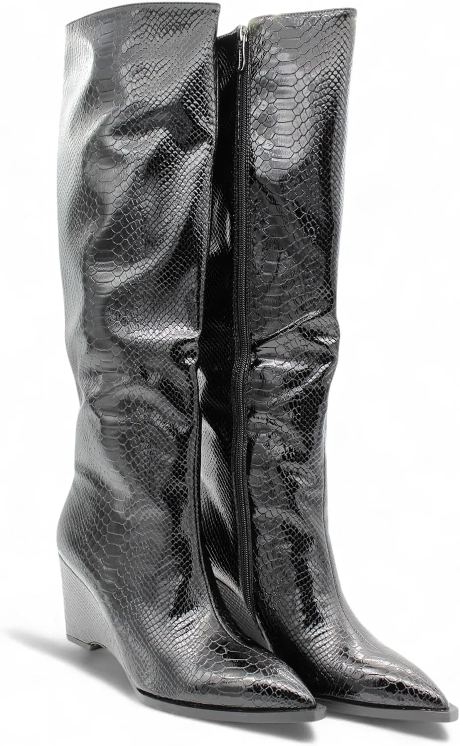 Womens Snakeskin Knee High Wedge Boots with Pointed Toe and Side Zipper, Faux Leather Glossy Finish, Winter Boots for Women, Knee High Boots for Women, Snakeskin Boots for Women