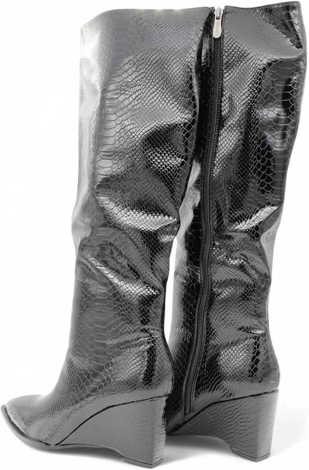 Womens Snakeskin Knee High Wedge Boots with Pointed Toe and Side Zipper, Faux Leather Glossy Finish, Winter Boots for Women, Knee High Boots for Women, Snakeskin Boots for Women