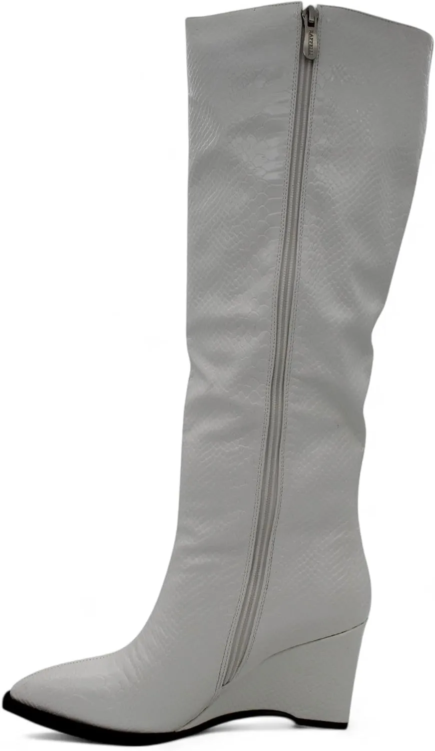 Womens Snakeskin Knee High Wedge Boots with Pointed Toe and Side Zipper, Faux Leather Glossy Finish, Winter Boots for Women, Knee High Boots for Women, Snakeskin Boots for Women