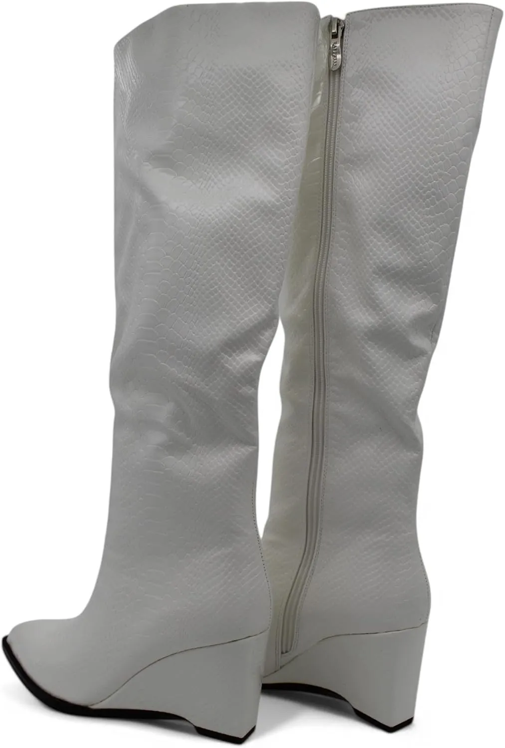 Womens Snakeskin Knee High Wedge Boots with Pointed Toe and Side Zipper, Faux Leather Glossy Finish, Winter Boots for Women, Knee High Boots for Women, Snakeskin Boots for Women