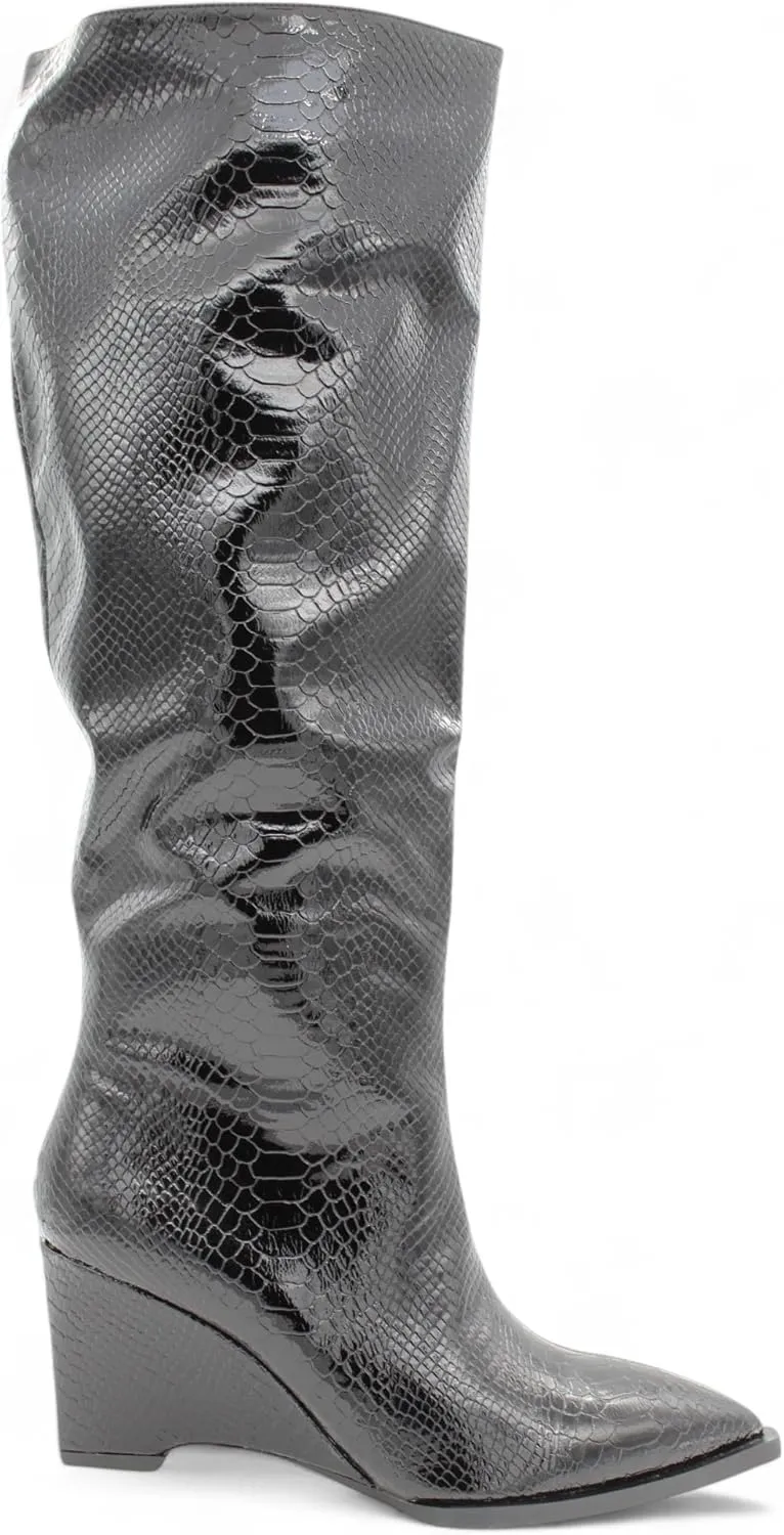 Womens Snakeskin Knee High Wedge Boots with Pointed Toe and Side Zipper, Faux Leather Glossy Finish, Winter Boots for Women, Knee High Boots for Women, Snakeskin Boots for Women