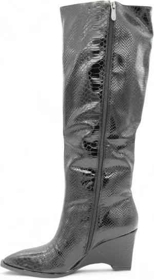 Womens Snakeskin Knee High Wedge Boots with Pointed Toe and Side Zipper, Faux Leather Glossy Finish, Winter Boots for Women, Knee High Boots for Women, Snakeskin Boots for Women