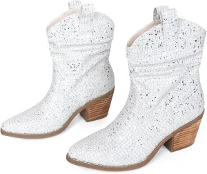 Womens Studded Cowboy Boots Fashion Vintage Sparkly Western Cowgirl Short Boots with Wide Calf Pointed Toe And Chunky Heel Design Ankle Boot