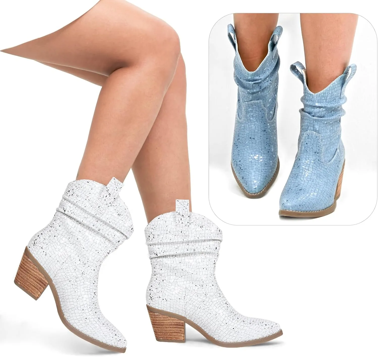 Womens Studded Cowboy Boots Fashion Vintage Sparkly Western Cowgirl Short Boots with Wide Calf Pointed Toe And Chunky Heel Design Ankle Boot