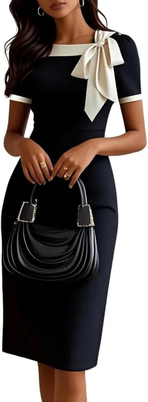 Women's Summer Dress Elegant Crew Neck Short Sleeve Slim FIt Office Wear Cocktail Party Casual Mini Dress