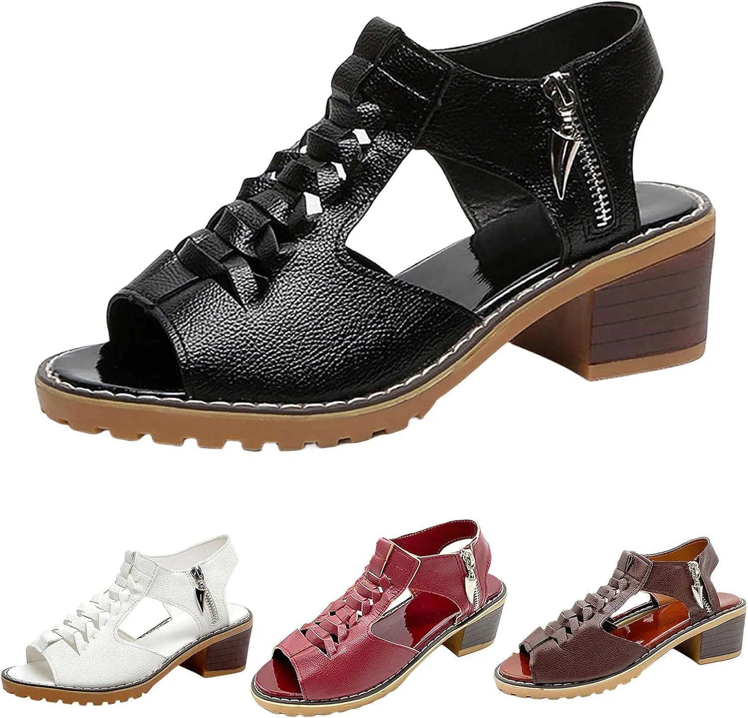 Womens Wedge Sandals Orthopedic Non Slip Chunky Heel Sandals Open Toe Cutout Zipper Summer Beach Shoes Concise Casual Summer Shoes on Feet All Day