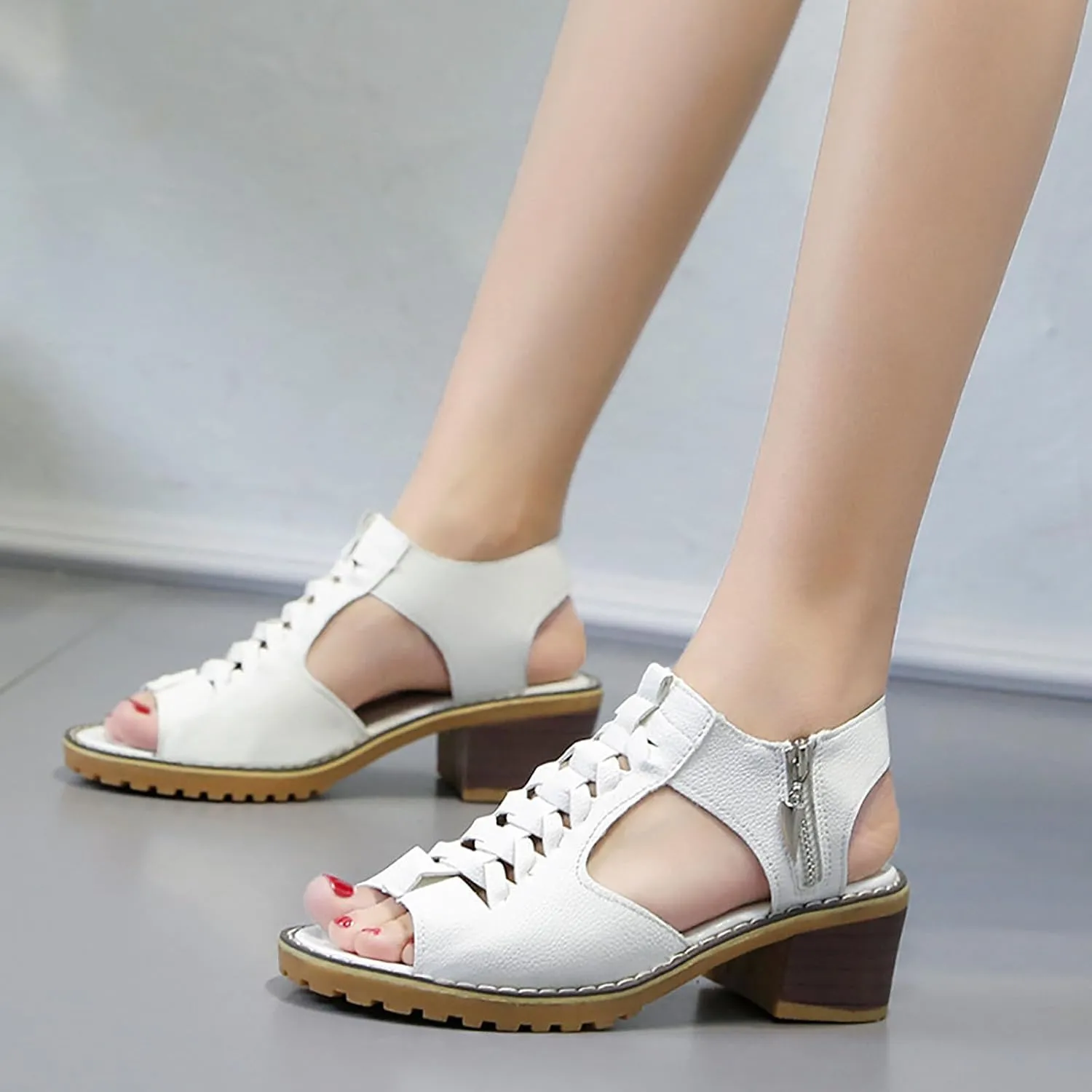 Womens Wedge Sandals Orthopedic Non Slip Chunky Heel Sandals Open Toe Cutout Zipper Summer Beach Shoes Concise Casual Summer Shoes on Feet All Day