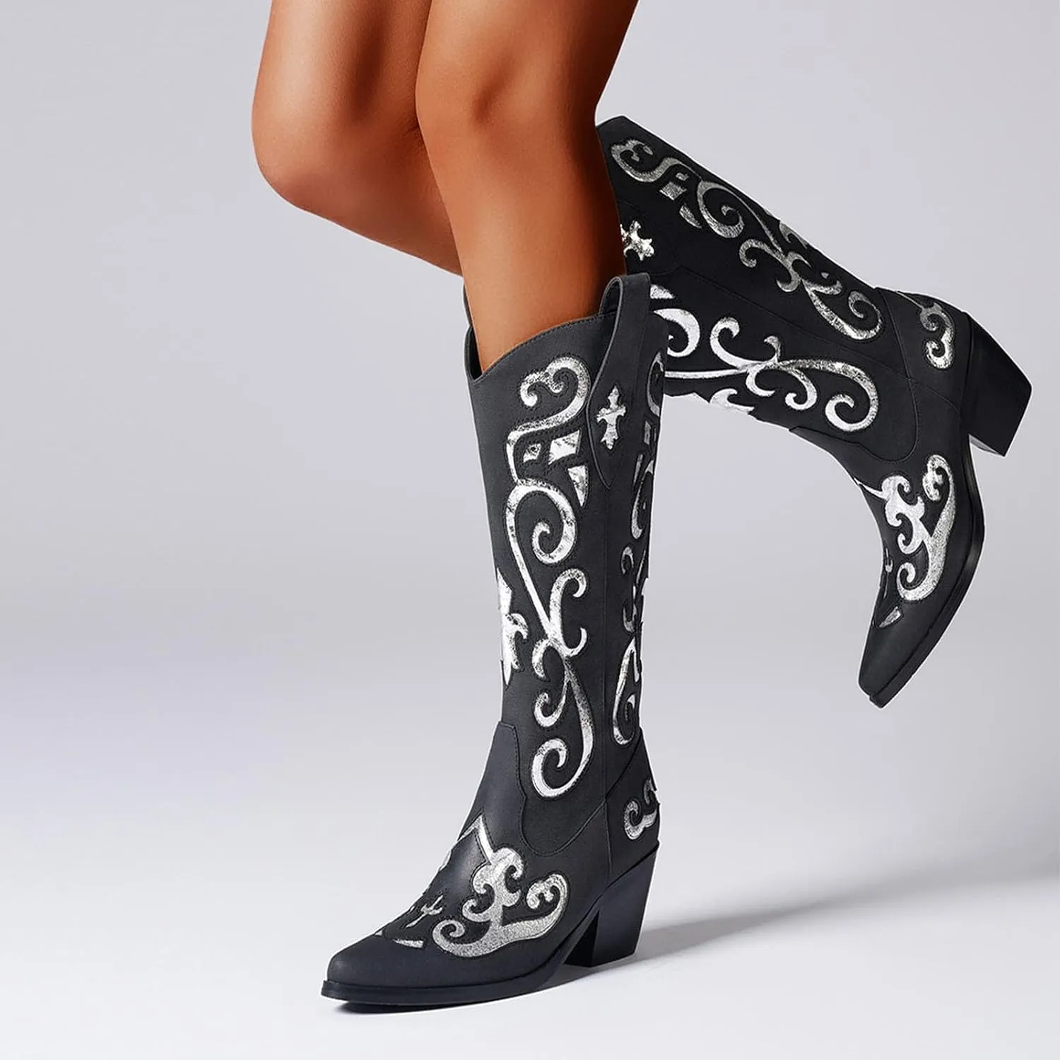 Women's Western Knee-high Boot Cowboy Boots for Women Cowgirl Mid Calf Boots Floral Embroidery Pointed Toe Chunky Heel 2.5" Ladies Western Boot