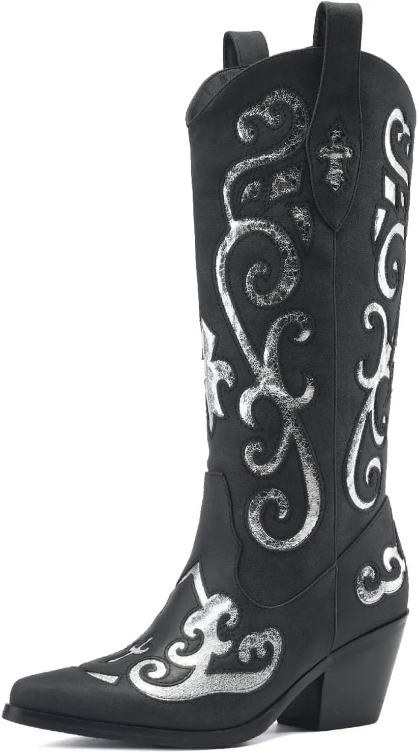 Women's Western Knee-high Boot Cowboy Boots for Women Cowgirl Mid Calf Boots Floral Embroidery Pointed Toe Chunky Heel 2.5" Ladies Western Boot