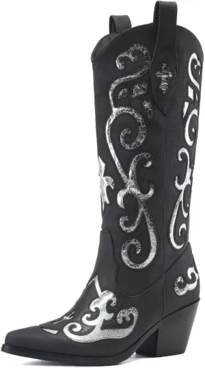 Women's Western Knee-high Boot Cowboy Boots for Women Cowgirl Mid Calf Boots Floral Embroidery Pointed Toe Chunky Heel 2.5" Ladies Western Boot