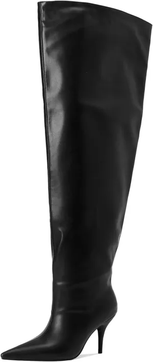 Women's Wide Calf Thigh High Heeled Boots Stiletto Cone Heel Boots Pointed Toe Pull On Black Boot Heels for Women