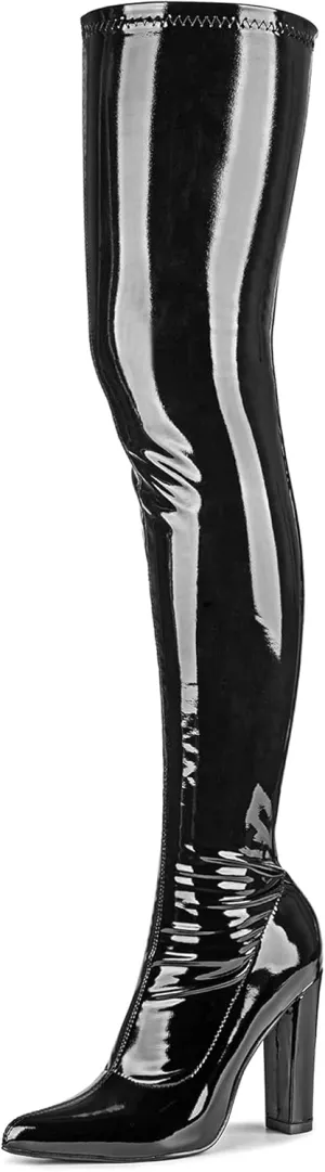 WSKEISP Women's Thigh High Boots Patent Leather PU Heeled Over The Knee High Boots Sexy Pointed Toe Chunky Heel GOGO Boots