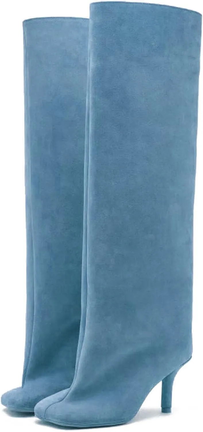 Yishaweiqi Camel Suede Knee High Boots for Women: Square Toe Stiletto Heel Long Tall Wide-Calf Comfortable Fall Boots