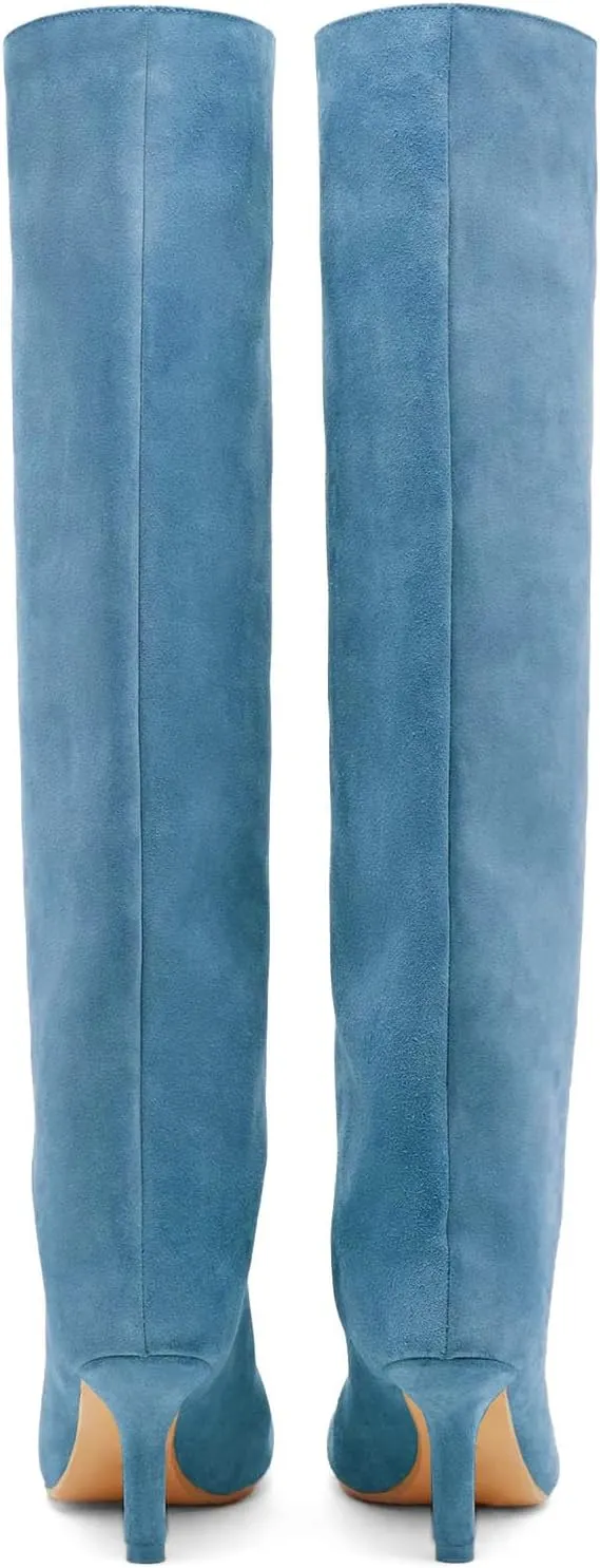 Yishaweiqi Camel Suede Knee High Boots for Women: Square Toe Stiletto Heel Long Tall Wide-Calf Comfortable Fall Boots