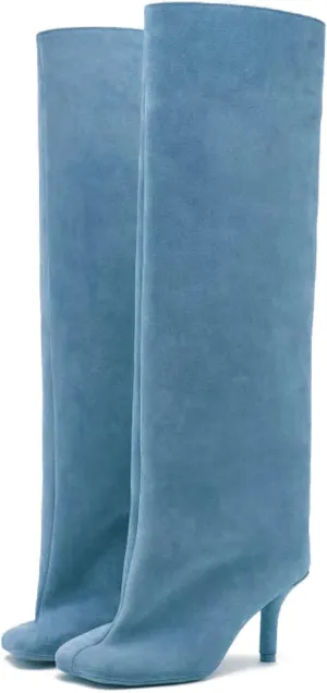 Yishaweiqi Camel Suede Knee High Boots for Women: Square Toe Stiletto Heel Long Tall Wide-Calf Comfortable Fall Boots