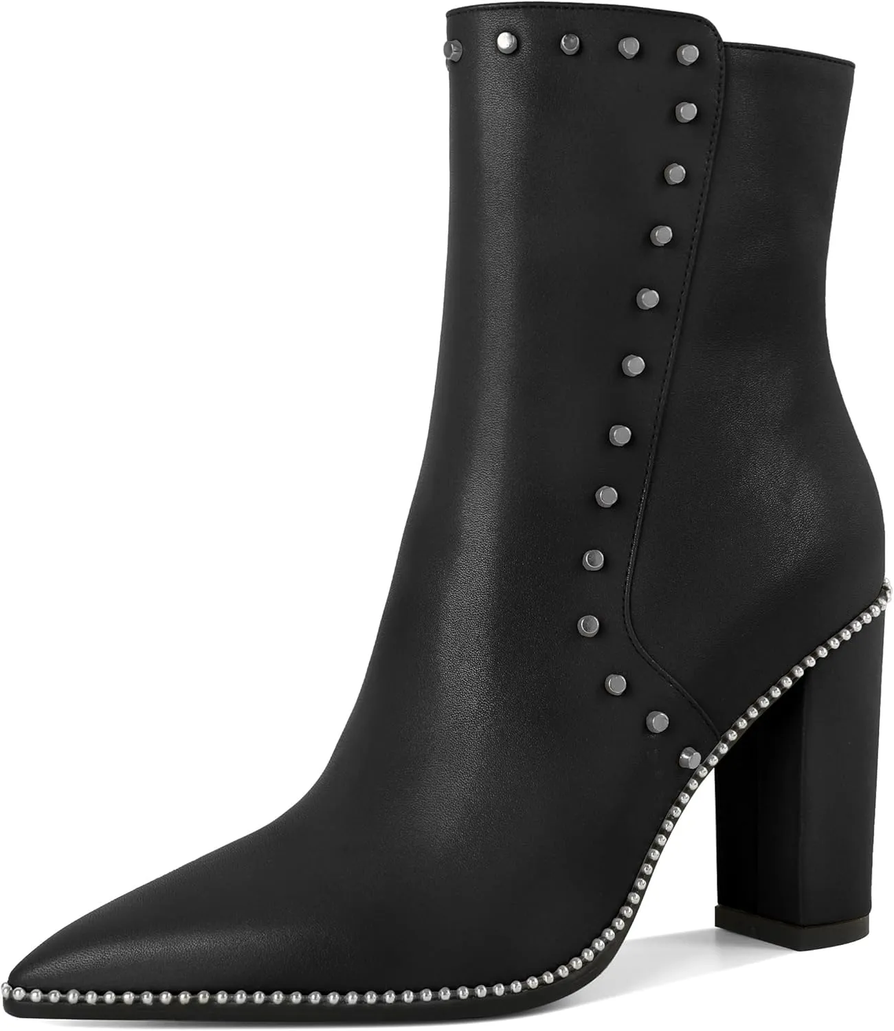 YODEKS Womens Ankle Booties 3.7 Inch Heel Chunky Boots Rivet Beaded Studded Pointed Toe Side Zipper Boots Size 5-13