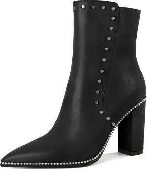 YODEKS Womens Ankle Booties 3.7 Inch Heel Chunky Boots Rivet Beaded Studded Pointed Toe Side Zipper Boots Size 5-13