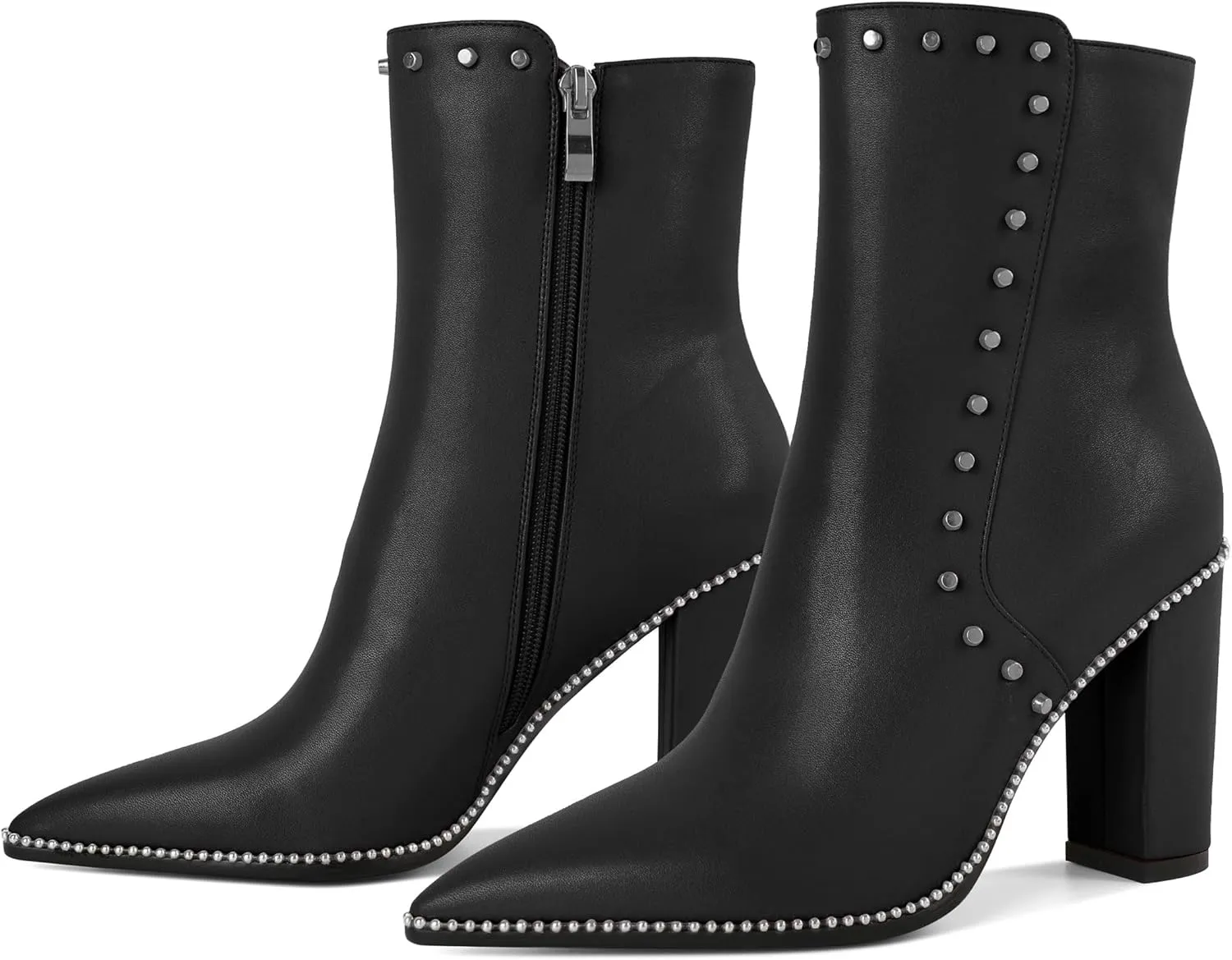 YODEKS Womens Ankle Booties 3.7 Inch Heel Chunky Boots Rivet Beaded Studded Pointed Toe Side Zipper Boots Size 5-13