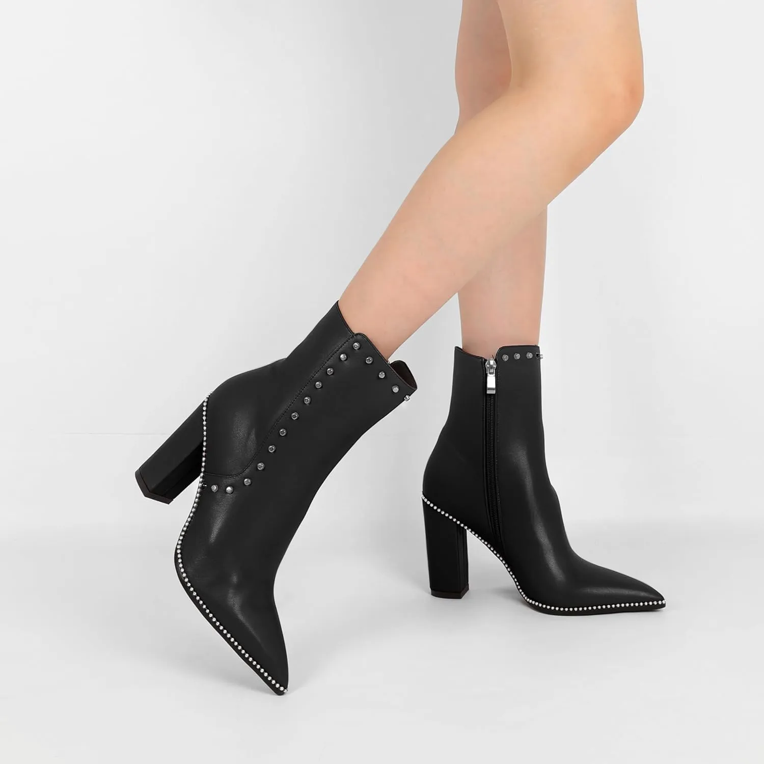YODEKS Womens Ankle Booties 3.7 Inch Heel Chunky Boots Rivet Beaded Studded Pointed Toe Side Zipper Boots Size 5-13