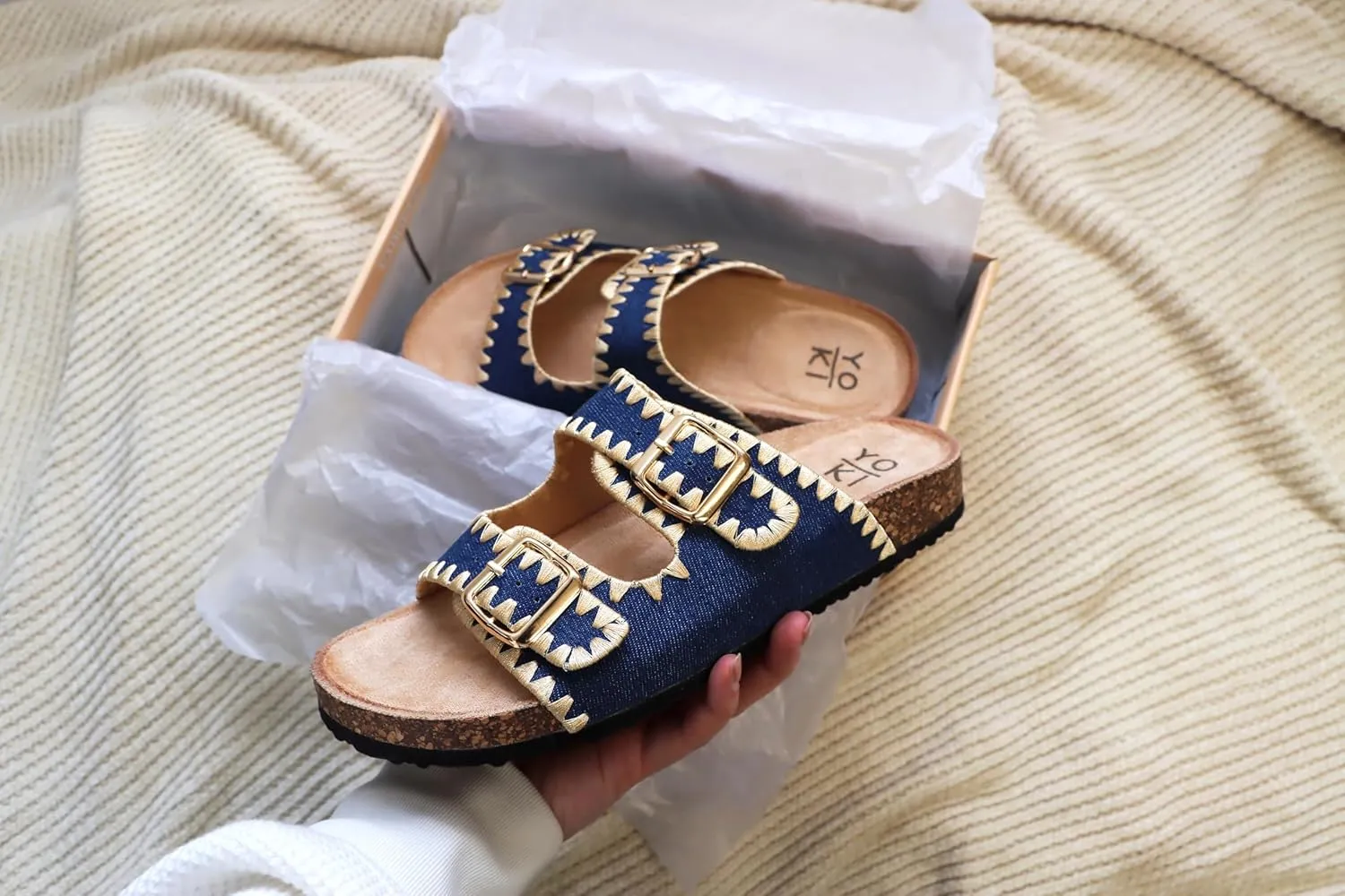 YOKI GIAN-218 Women's Woven Stitch Double Buckle Slide Sandal, Comfortable Summer Sandals for Women