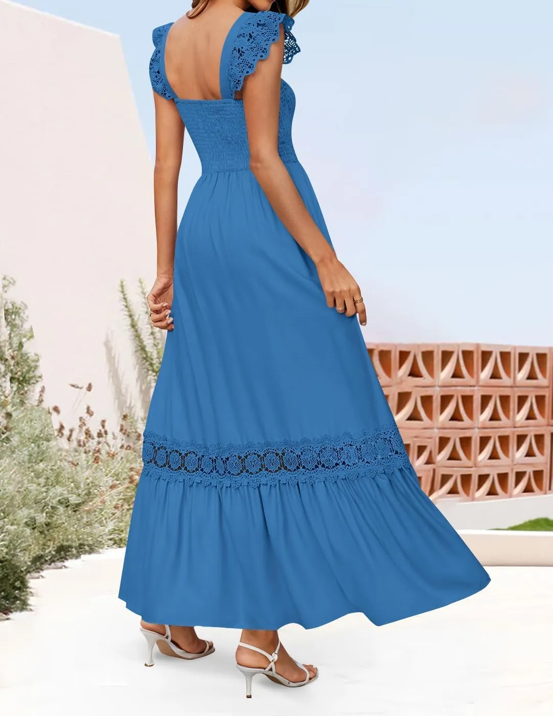 ZESICA Women's 2025 Summer Lace Strap Sleeveless Square Neck Smocked High Waist Ruffle Hollow Out Flowy A Line Maxi Dress