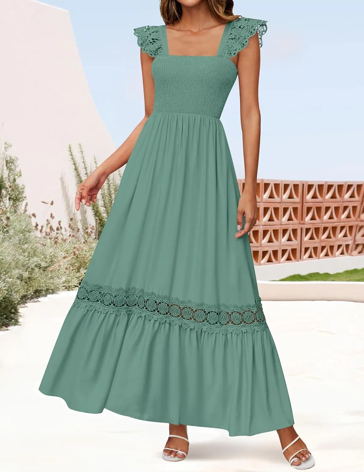 ZESICA Women's 2025 Summer Lace Strap Sleeveless Square Neck Smocked High Waist Ruffle Hollow Out Flowy A Line Maxi Dress